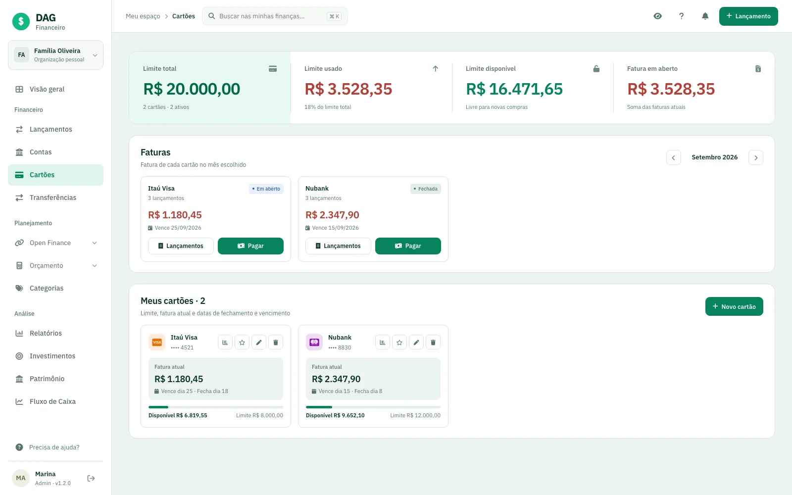 Tela de cartões de crédito do DAG Financeiro com faturas do mês, limites e botão de pagar fatura