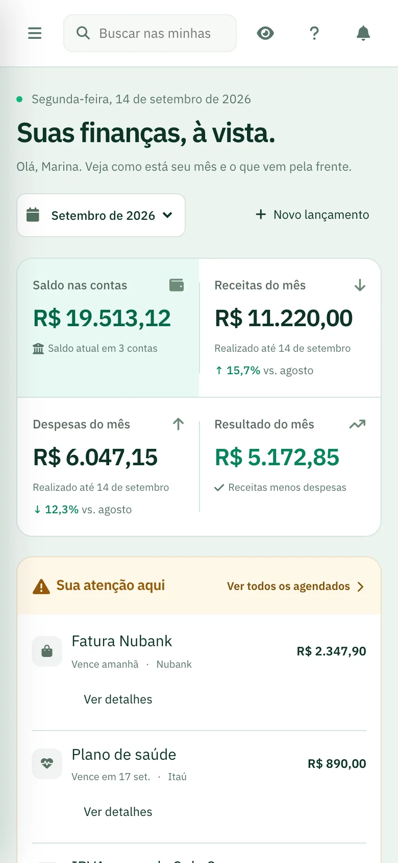 Painel do DAG Financeiro aberto no celular mostrando saldo total e receitas do mês